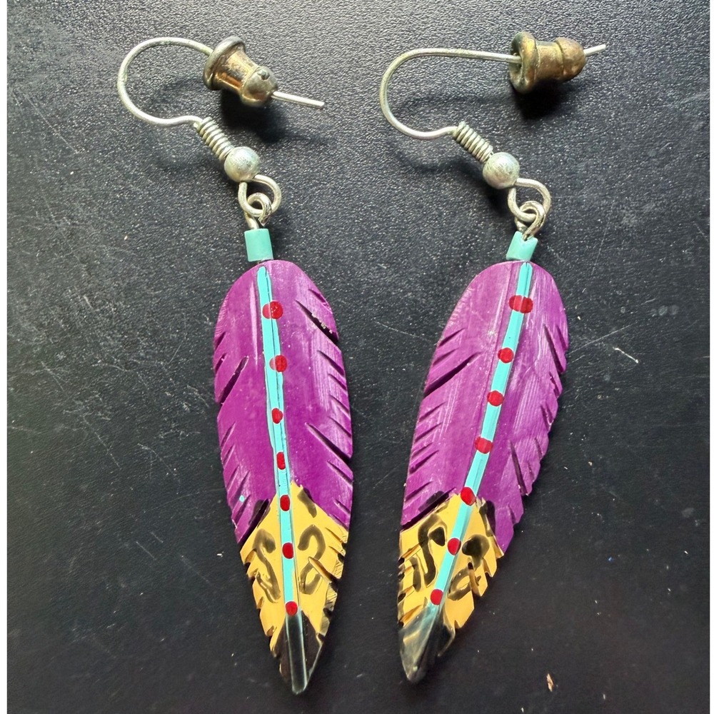 Hand Painted Purple Feather Drop Earrings Southwestern Boho Statement Jewelry